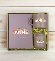 BK Gift Kişiye Özel İsimli DTF Anne Temalı Mat Gri Defter & Kahve Fincanı & Mum Hediye Seti-2, Anneye Hediye, Anneler Günü Hediyesi