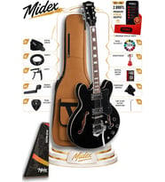 Midex Vintage Jazz-BK Profesyonel Hollowbody Caz Kasa HH Akustik Elektro Gitar Seti Siyah
