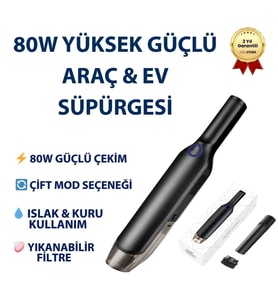 Rooty Güçlü Vakum 80W Portatif Taşınabilir Şarjlı Araç Ev Süpürgesi 2 Kademeli Yıkanabilir Filtreli