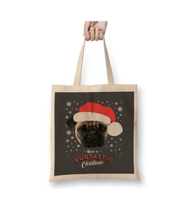 Have A Pugtastic Christmas Pug Dog Yılbaşı Beyaz Bez Çanta Uzun Saplı Alışveriş Çantası