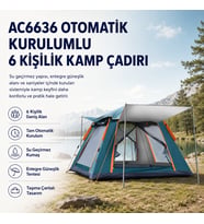 AC6636 Otomatik Kurulumlu, Su Geçirmez & Güneşlikli 6 Kişilik Kamp Çadırı