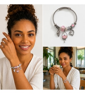 Premium Gümüş Renk Pembe Çiçek ve Deniz Kabuğu Charm Detaylı 316L Çelik Kelepçe Bileklik (20cm)