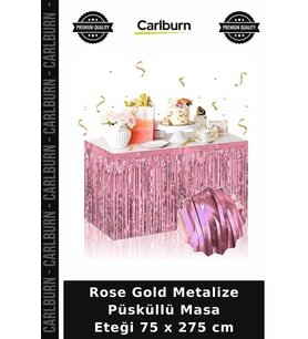 Rose Gold Metalize Püsküllü Masa Eteği 75 x 275 cm Davet Süslemesi Kutlama Ürünü Parti Süsü