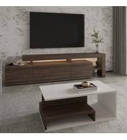 İnarch Dizayn Beliz LED Işıklı TV Sehpası ve Vera Orta Sehpa SET - Oturma Odası Modern Takım (Beyaz - Ceviz)