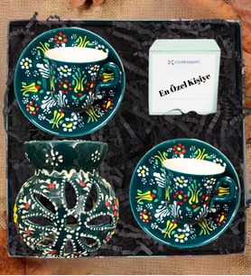 El Yapımı Çini İşlemeli 2 Lİ Kahve Fincanı Ve Buhurdanlık (Haki)