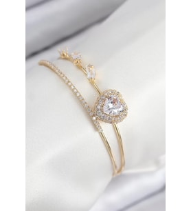 Pirinç Zirkon Taşlı Kalp Model Gold Renk Kadın Bileklik - TJ-BB7855