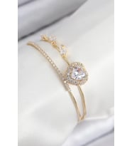 Pirinç Zirkon Taşlı Kalp Model Gold Renk Kadın Bileklik - TJ-BB7855