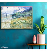 Altın Renk Metal Çerçeveli Tamperli Cam Tablo Van Gogh Buğday Tarlası Yokuş Yukarı Ressam Tablosu Duvar Dekoru
