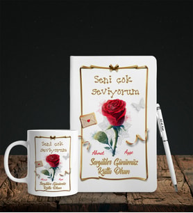 Sevgililer Gününe Özel Beyaz Deri Defter Kalem Kupa Hediye Seti 15