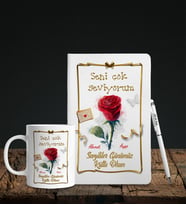 Sevgililer Gününe Özel Beyaz Deri Defter Kalem Kupa Hediye Seti 15