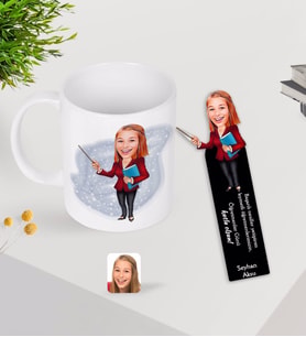 BK Gift Kişiye Özel Kadın Öğretmen Karikatürlü Kupa Bardak ve Ahşap Kitap Ayracı-3