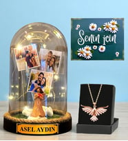 Premium Set - Kişiye Özel Led Işıklı Fanus ve Zümrüdü Anka Kuşu Kolyesi (Model 9)