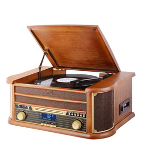 Nostaljik Ahşap Kasa Pikap Kaset CD Çalar Stereo Hoparlör Kumandalı Radyo Mp3 USB 33-45-78 lik Plak (Ekru - Kahverengi)