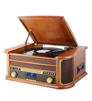 Nostaljik Ahşap Kasa Pikap Kaset CD Çalar Stereo Hoparlör Kumandalı Radyo Mp3 USB 33-45-78 lik Plak (Ekru - Kahverengi)