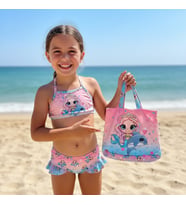 Kız Çocuk karakter Baskılı Eteği Fırfırlı- ip bağlamalı ÇANTA Mayo Bikini 3 lü Takım