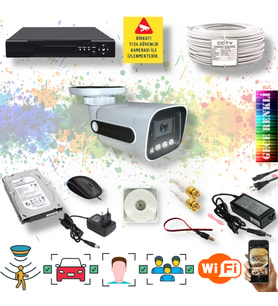 Qromax 1 Kameralı Set - Yapay Zeka Özellikli Gece Renkli Gösteren 5MP SONY Lensli 4 Ultra Warm Ledli FULLHD Güvenlik Kamerası Seti 784W-114
