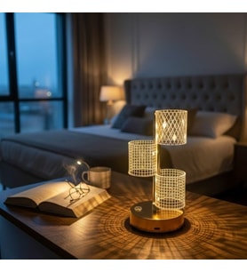 3 Parça Silindirik Kristal Ekose Kareli LED Masa Lambası – Gold Gövdeli, Dokunmatik, 3 Kademe Işık Ayarlı Şarjlı Dekoratif Lamba (5343)