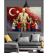 Atatürk ve Çocuklar Dekoratif Kanvas - Mdf Ahşap Tablo
