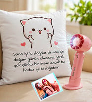 Kişiye Özel Doğum Günü Hediyesi Yastık & Şarjlı El Fanı 3 Kademli Turbo