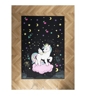 MEKTA HOME BEBEK VE ÇOCUK ODASI Pembe Bulut Üzerinde Unicorn Desenli Siyah Halı