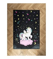 MEKTA HOME BEBEK VE ÇOCUK ODASI Pembe Bulut Üzerinde Unicorn Desenli Siyah Halı