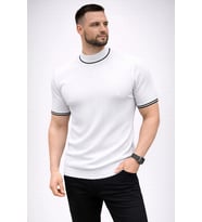 Erkek Fitilli Triko Dokuma Kısa Kol Tişört Yarım Boğaz Modern Yazlık T-Shirt - Beyaz