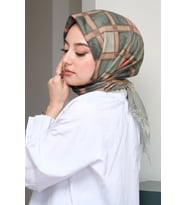 Afvente Geometrik Desen Yeşil Pamuk Eşarp (Taba)