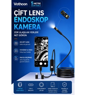 5 Metre Çift Kameralı iOS/Android Uyumlu Yılan Endoskop Kamera 8mm 2MP LED'li Sert Kablo