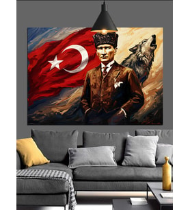Türk Bayrağı Önünde Atatürk Dekoratif Kanvas - Mdf Ahşap Tablo