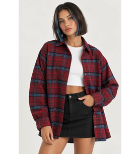 Kadın Oversize Ekose Desenli Düğmeli Oduncu Gömlek - Bordo
