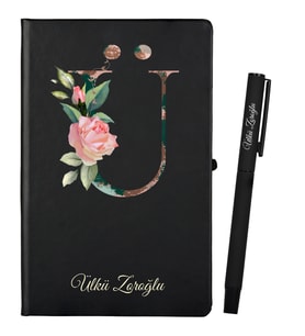 Sevgiliye Hediye Kişiye Özel Siyah Defter ve Siyah Roller Kalem Seti