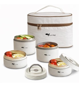 Valkyrie 4 Gözlü Paslanmaz Çelik Isı Yalıtımlı Yemek Kabı Seti Çantalı 304 Steel 2x 420ml + 2x 550ml (Krem)