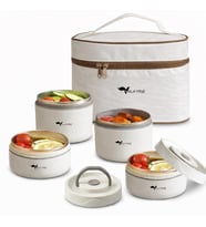 Valkyrie 4 Gözlü Paslanmaz Çelik Isı Yalıtımlı Yemek Kabı Seti Çantalı 304 Steel 2x 420ml + 2x 550ml (Krem)