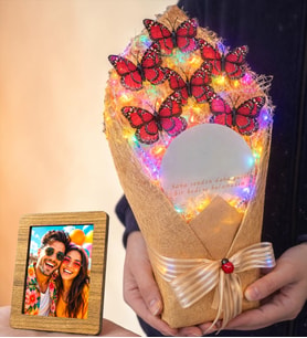 Kişiye Özel Fotoğraflı Renkli Led Işıklı Aynalı 35 CM Büyük Boy Kırmızı Kelebek Buketi  Romantik Hediye