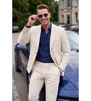 DeepSEA Erkek Slim Fit Dar Kesim Çizgili Gofre Kumaş Bej Takım Elbise – Tek Düğme İpli Pantolon 2602311