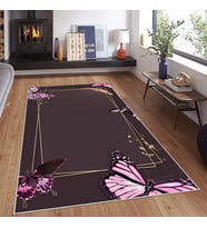 Gri Zemin Kelebek Desenli Yıkanabilir Kaymaz Taban Leke Tutmaz Modern Salon Halısı ve Yolluk (Pembe)