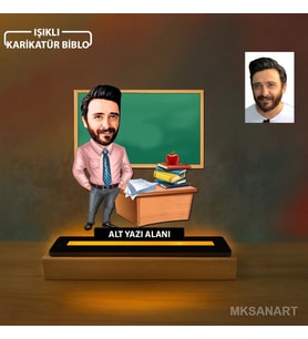Kişiye Özel Fotoğraflı Erkek Sınıf Öğretmeni Karikatürlü 14 cm MDF Işıklı Biblo - Öğretmen Hediyesi Öğretmene Özel Hediye