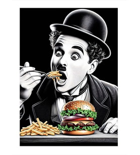 Hamburger Yiyen Charlie Chaplin Dekoratif ahşap Tablo