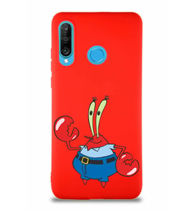 Huawei P30 Lite Soft Premier Kapak Bay Yengeç Tasarımlı Silikon Kılıf - Kırmızı (Şeffaf)