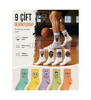 9 Çift Desenli Spor Çorap Karikatür Karışık Set Yumuşak & Nefes Alan