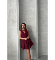 Neşeli butik kadın yakası bağlama detaylı likralı mini elbise NBG084 (Bordo)