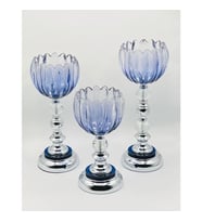 FURKAN METAL AYAKLI FÜME MAVİ CAM ŞAMDAN MUMLUK 3'LÜ SET
