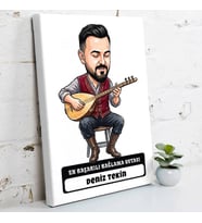 Bağlama Ustasına Hediye Erkek Karikatürlü Kanvas Tablo