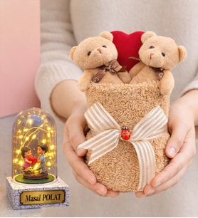 Kahve Premium Peluş Ayıcık Buketi ve Size Özel Işıklı Kalp Tutan Çiftli Fanus