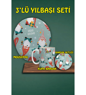 Yılbaşı Temalı 3'lü Bilek Destekli Mousepad Kupa ve Bardak Altlığı Seti
