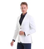 Hatemoğlu Beyaz Comfort Fit Düz Mono Yaka Casual Keten Ceket