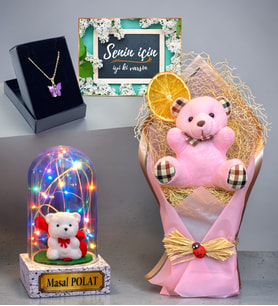 Size Özel Premium Hediye Seti Renkli Led Işıklı Fanuslu Buketli Kolyeli (Model 5)