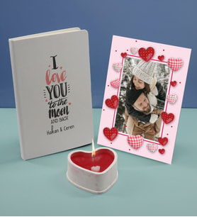 BK Gift Sevgililere Özel Beyaz Defter Dekoratif Çerçeve ve Kalp Taş Obje Kokulu Mum Hediye Seti-7, Sevgiliye Hediye, Sevgililer Günü