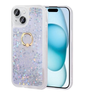 Apple iPhone 15 Kılıf Sıvılı Simli Pullu Yüzüklü Standlı Lüx Silikon (Gümüş)