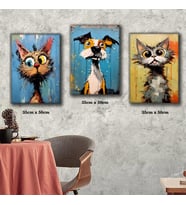 şaşkın kedi köpek boya efectli tablo 3 adet 35cmx50cm kumaş baskılı canvas tablo